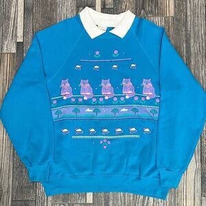 🐱 🐭 Vintage CAT & MOUSE Puff Print Grandma Collared Crewneck Sweatshirt Women